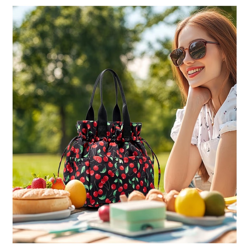 Black Cherry Print Drawstring Insulated Lunch Tot… - image 4